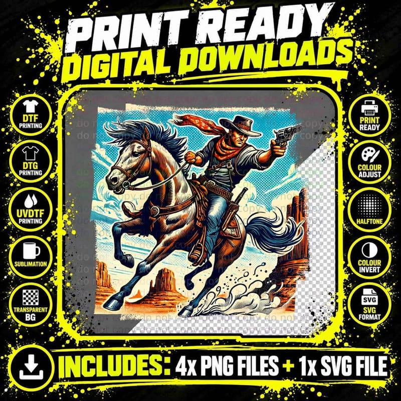 Cowboy Riding Horse in Desert Horse T-Shirt Png SVG Digital Bundle