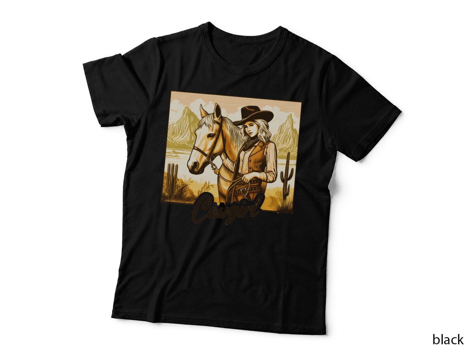 Cowgirl Horse T-Shirt, Desert Cowgirl with Horse Graphic Tee, Cute Horse Shirt