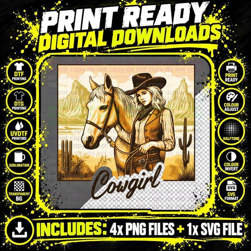 Cowgirl Horse T-Shirt, Desert Cowgirl with Horse Graphic Png SVG Digital Bundle