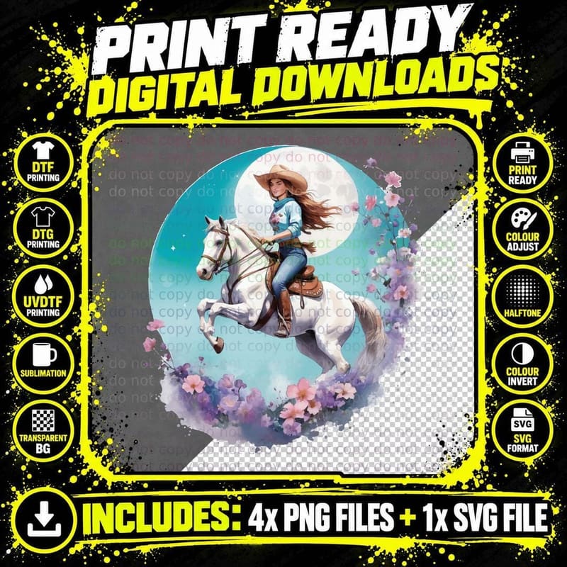 Cowgirl Riding Horse with Flowers Horse T-Shirt Png SVG Digital Bundle