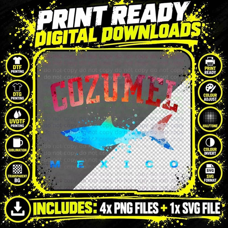 Cozumel Mexico Beach Vacation Great White Shark Art Png SVG Digital Bundle