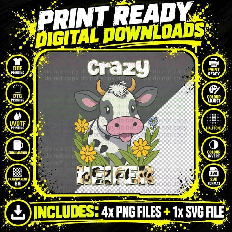 Crazy Heifer Highland Cow T-Shirt, Cow Among Flowers Png SVG Digital Bundle
