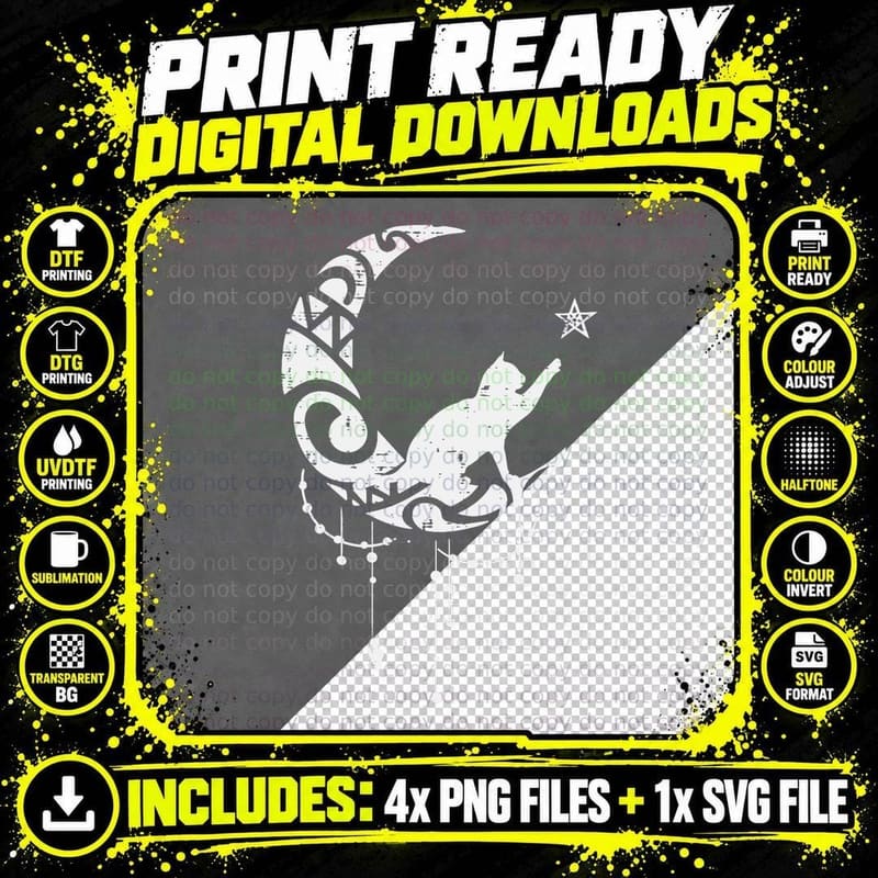 Crescent Moon Cat Star Mystical Celestial Women Girls Png SVG Digital Bundle