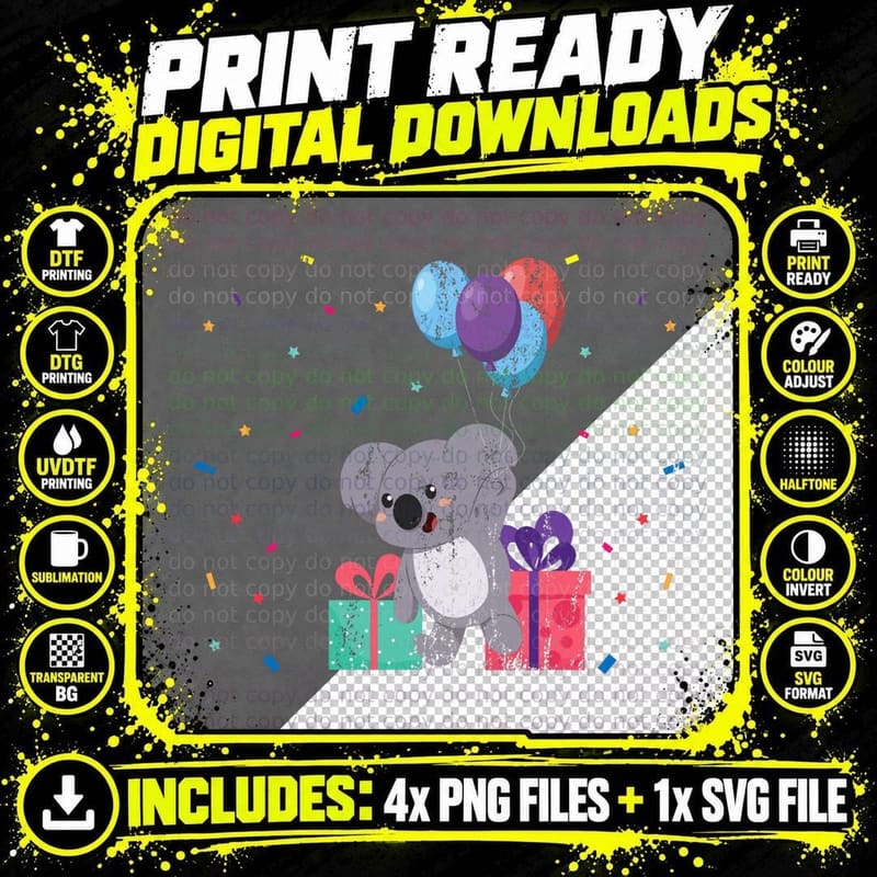 Cute Animal Koala Bear Kids Anniversary Celebration Png SVG Digital Bundle