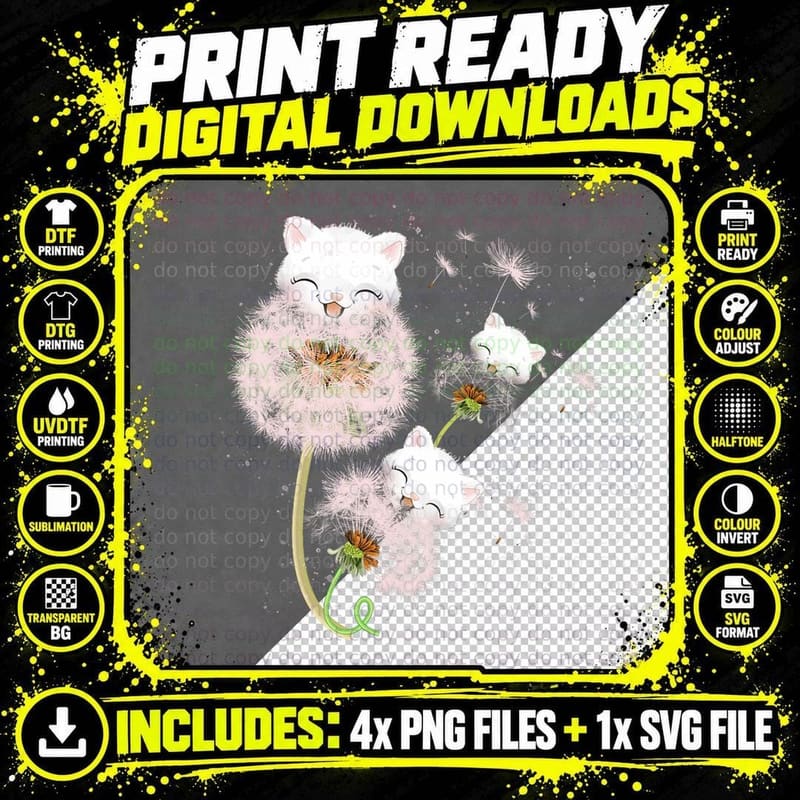 Cute Cat Dandelion Flower Kitten Kitty Animal Lovers Png SVG Digital Bundle