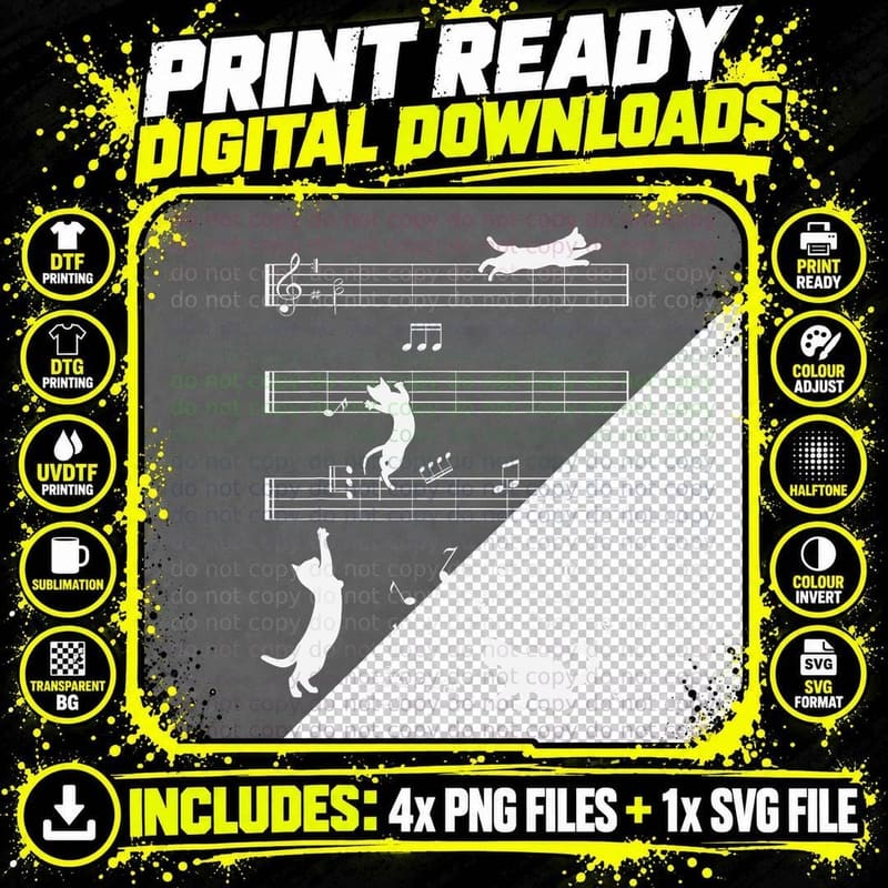 Cute Cat Kitty Playing Music Note Clef Musician Art Png SVG Digital Bundle