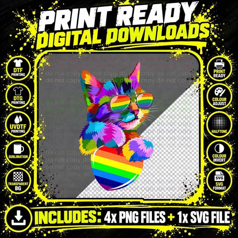 Cute Cat Pride LGBT Transgender Flag Heart Gay Lesbian Png SVG Digital Bundle