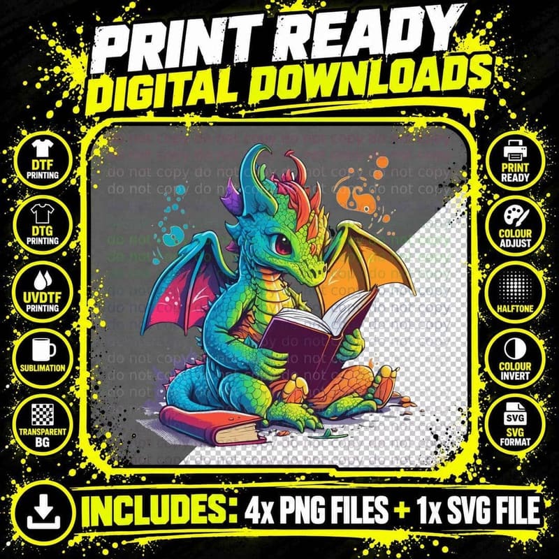 Cute Dragon Reading Book, Fantasy Art, Novel Png SVG Digital Bundle
