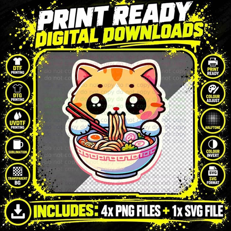 Cute Foodie Cat - Ramen-Loving Kitten - Asia Png SVG Digital Bundle