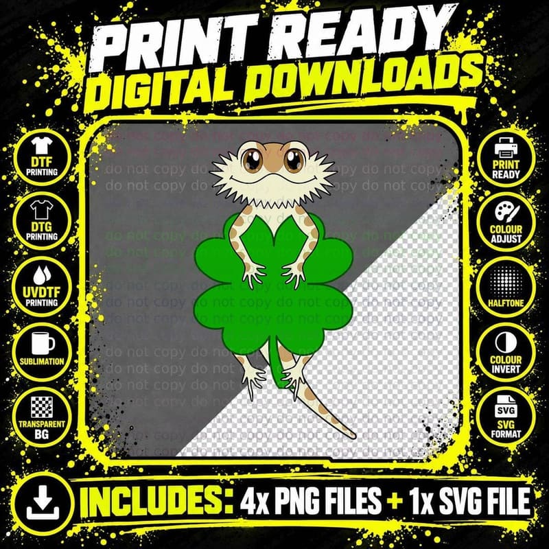 Cute Four Leaf Clover Cartoon Bearded Dragon St Patricks Png SVG Digital Bundle