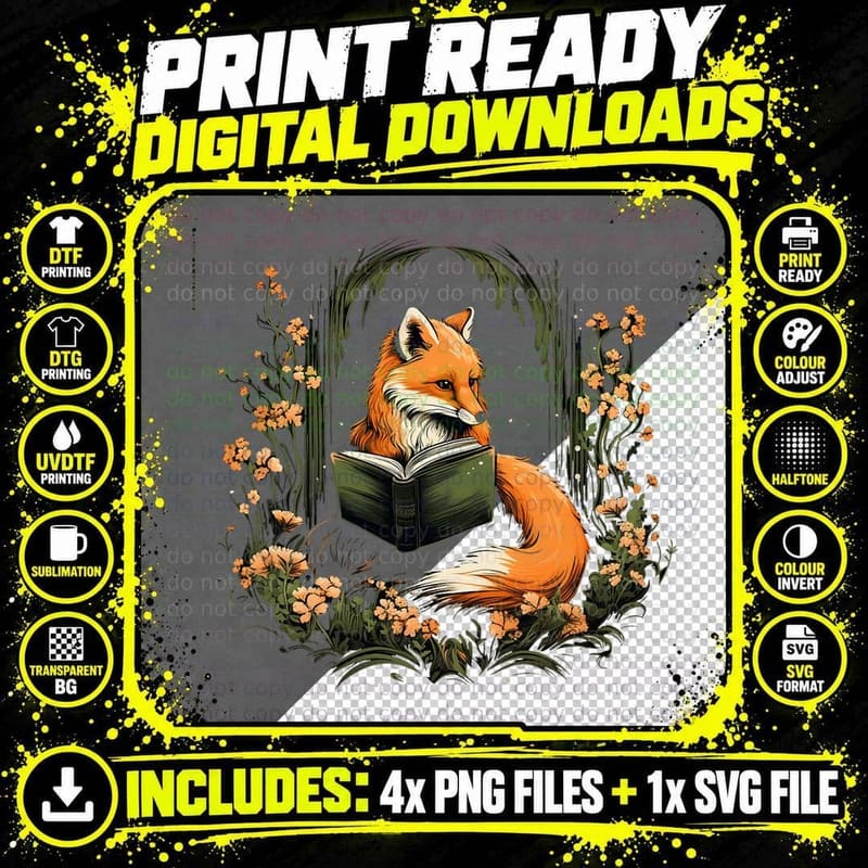 Cute Fox Reading Book a Whimsical Floral, Nature Lover Png SVG Digital Bundle