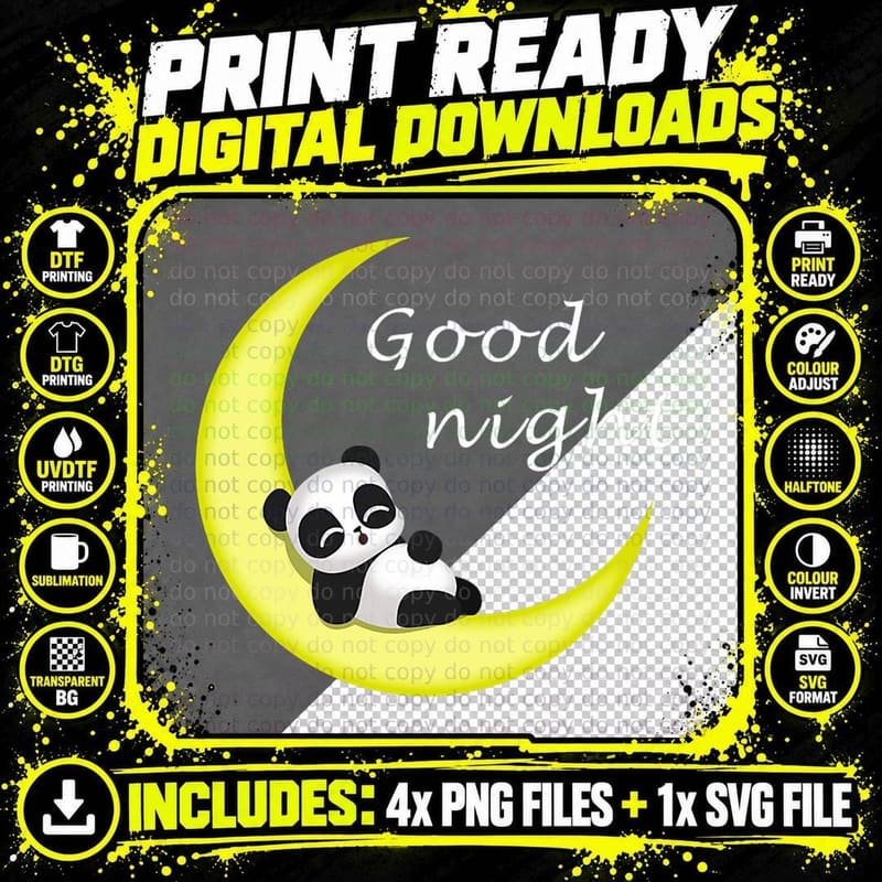 Cute Good Night Panda Baby Bear Love Sleeping on Moon Png SVG Digital Bundle