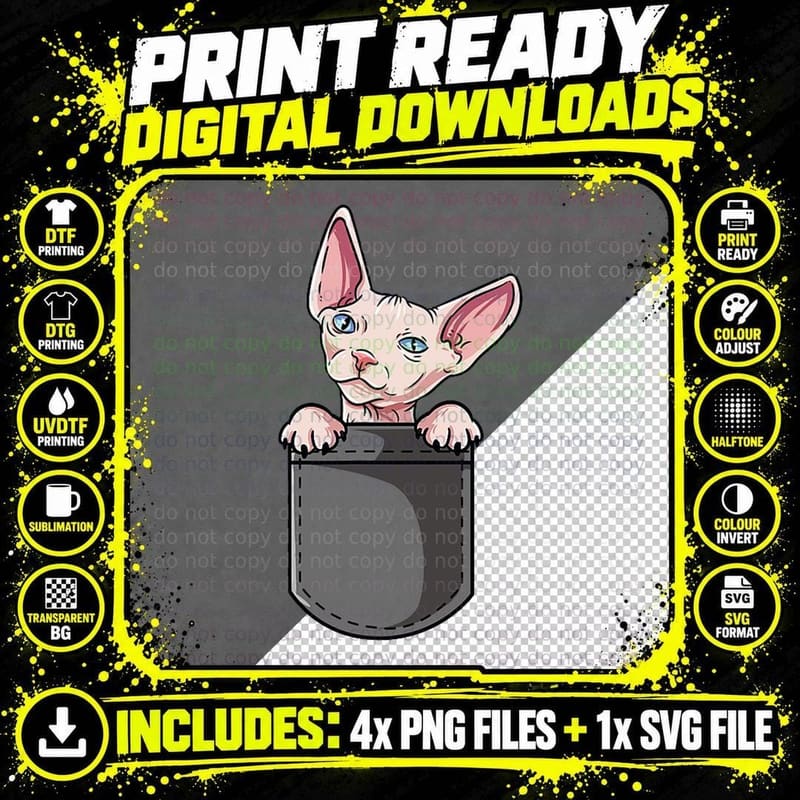 Cute Hairless Cat Design - Pocket Sphynx Png SVG Digital Bundle