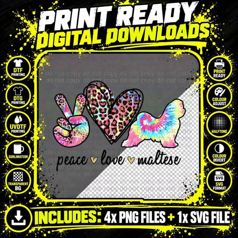 Cute Peace Love Maltese Tie-Dye Women Dog Lover Mothers Png SVG Digital Bundle