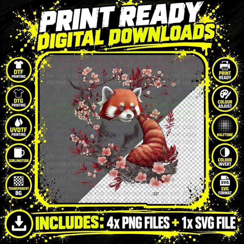 Cute Red Panda Graphic Japanese Cherry Blossom Flower Png SVG Digital Bundle