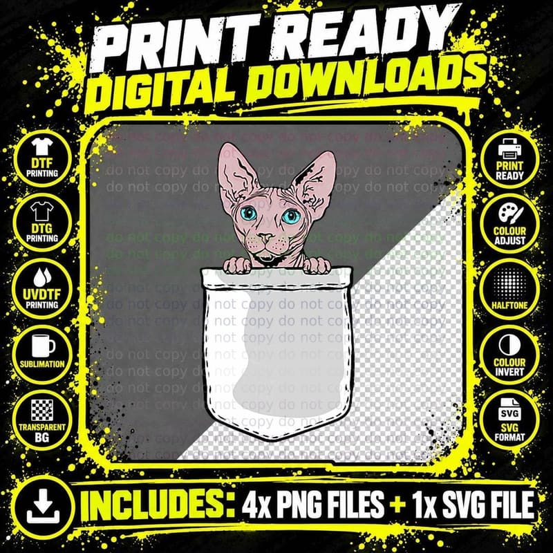 Cute Sphynx Cat in Pocket Hairless Cat Lover Pet Sphynx Png SVG Digital Bundle