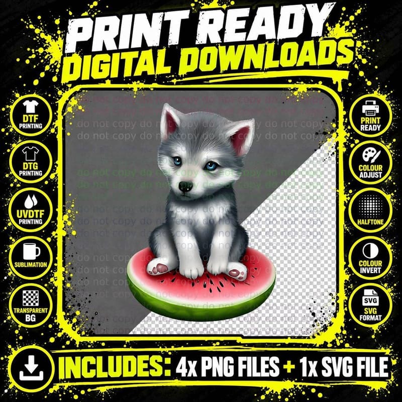 Cute Watermelon Wolf, Summer, Fruit, Animal Print Png SVG Digital Bundle