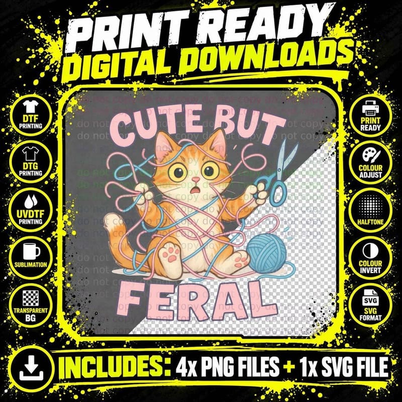 Cute but Feral Sarcastic Animal T-Shirt Png SVG Digital Bundle