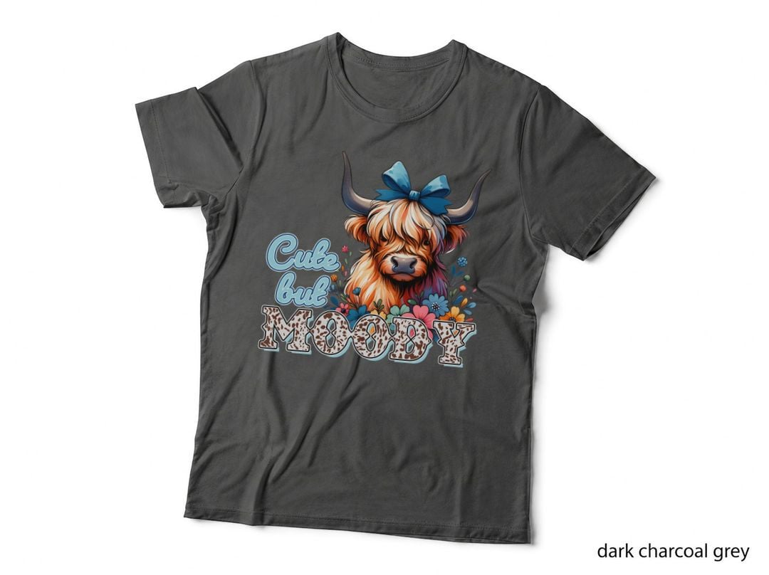 Cute but Moody Highland Cow T-Shirt, Highland Cow with Bow and Flowers Graphic