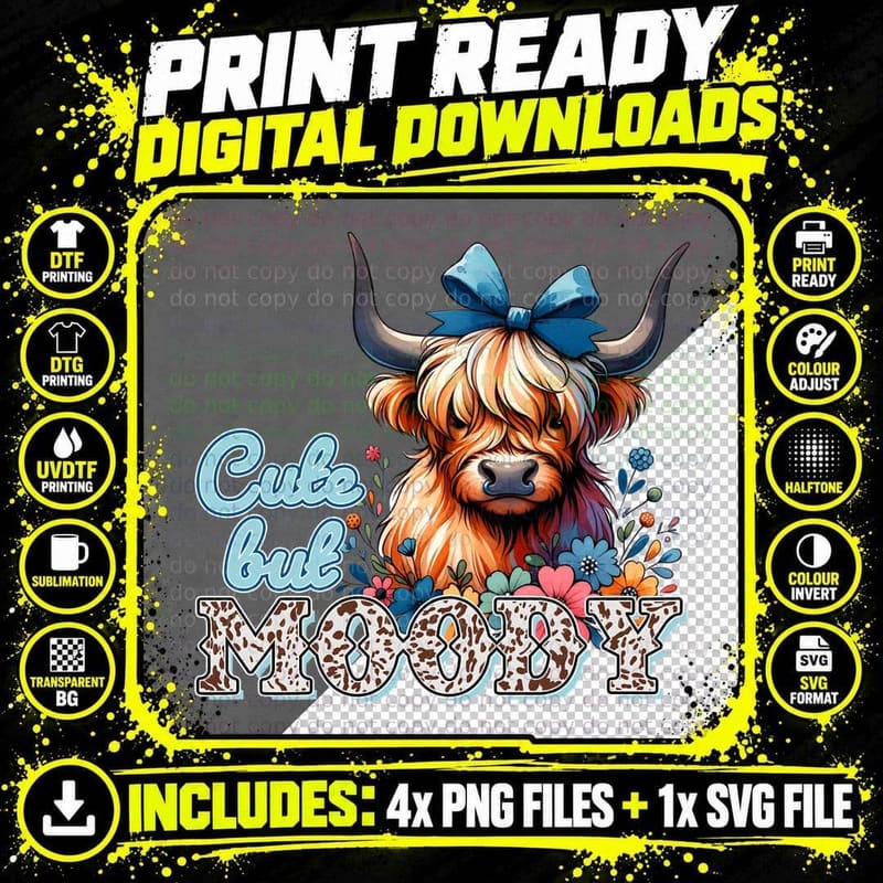 Cute but Moody Highland Cow T-Shirt Png SVG Digital Bundle