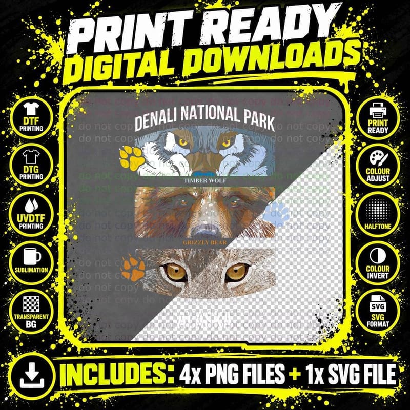Denali National Park Us Alaska Wolf Grizzly Bear Lynx Png SVG Digital Bundle