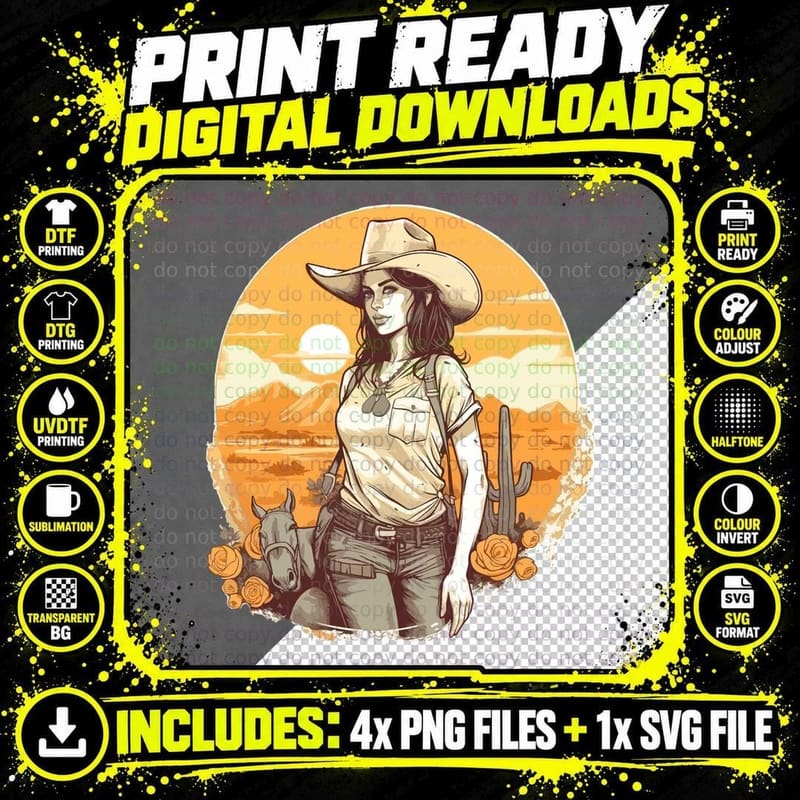 Desert Sunset Cowgirl with Horse Western T-Shirt Png SVG Digital Bundle