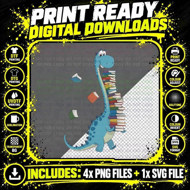 Dinosaur Carrying Books Teacher T-Shirt Png SVG Digital Bundle
