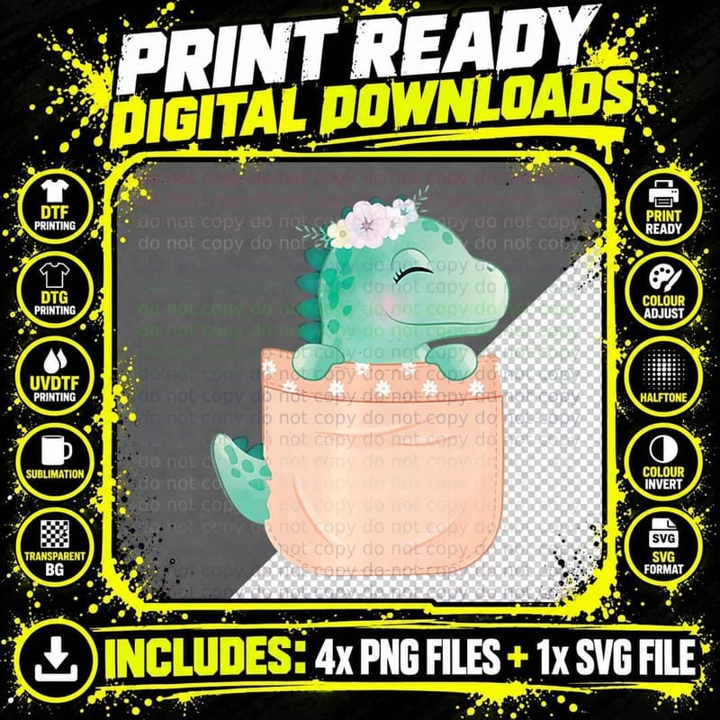 Dinosaur in Pocket Shirt Funny Tiny Dino for Kids Boy Png SVG Digital Bundle