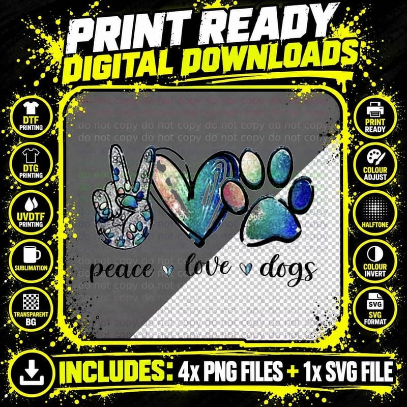 Dog Lover Peace Love Dogs Puppy Paw, for Women Png SVG Digital Bundle