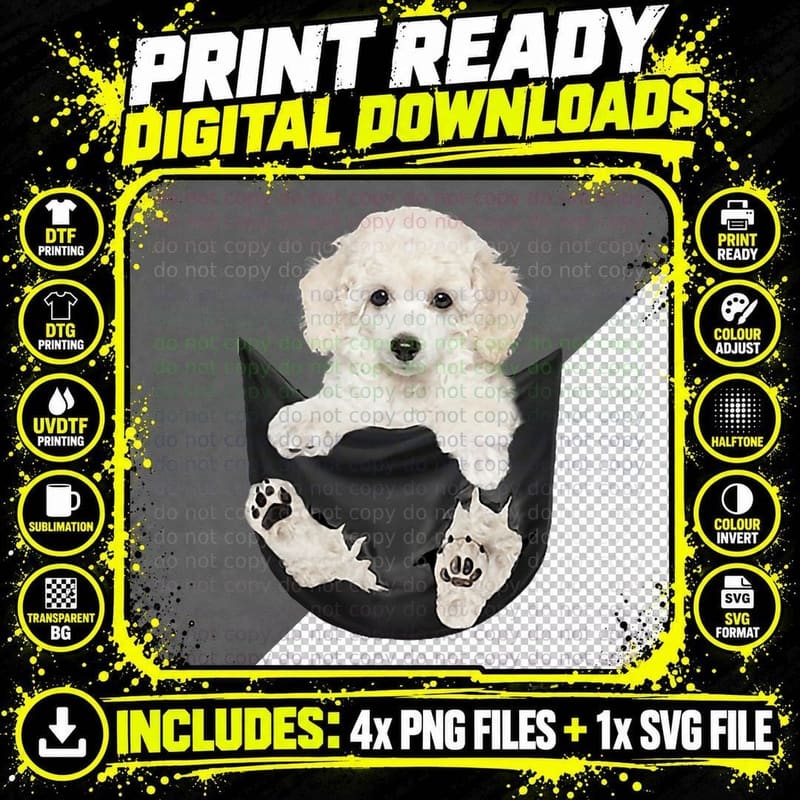 Dog Lovers Gifts White Poodle in Pocket Funny Dog Face Png SVG Digital Bundle