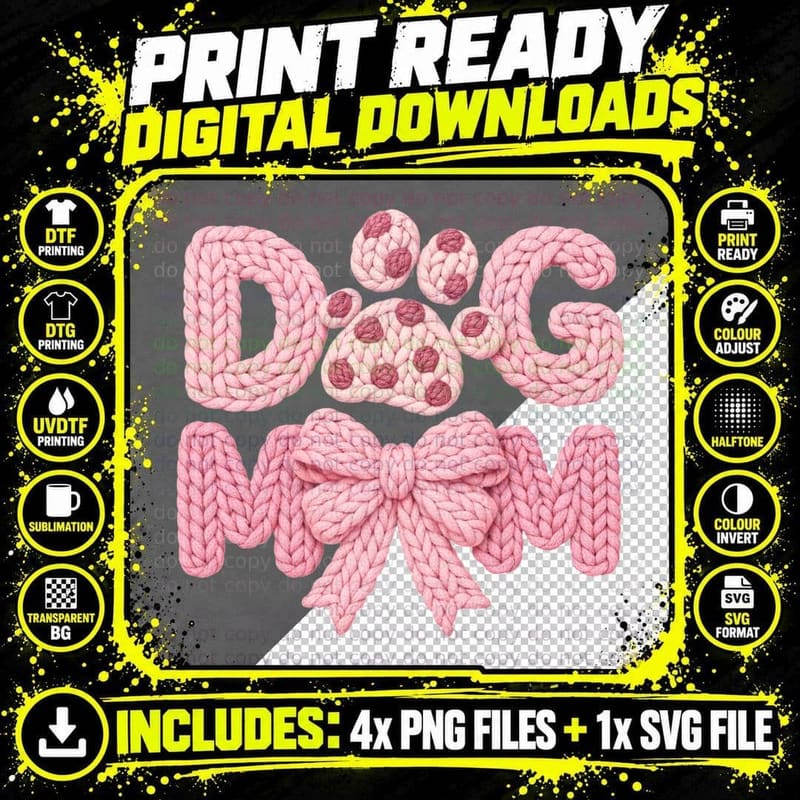 Dog Mama Crochet T-Shirt, Knitted Rope Letters with Paw Png SVG Digital Bundle