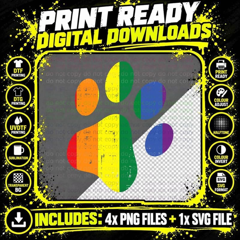 Dog Paw Print LGBTQ Rainbow Flag Gay Pride Ally Dog Png SVG Digital Bundle
