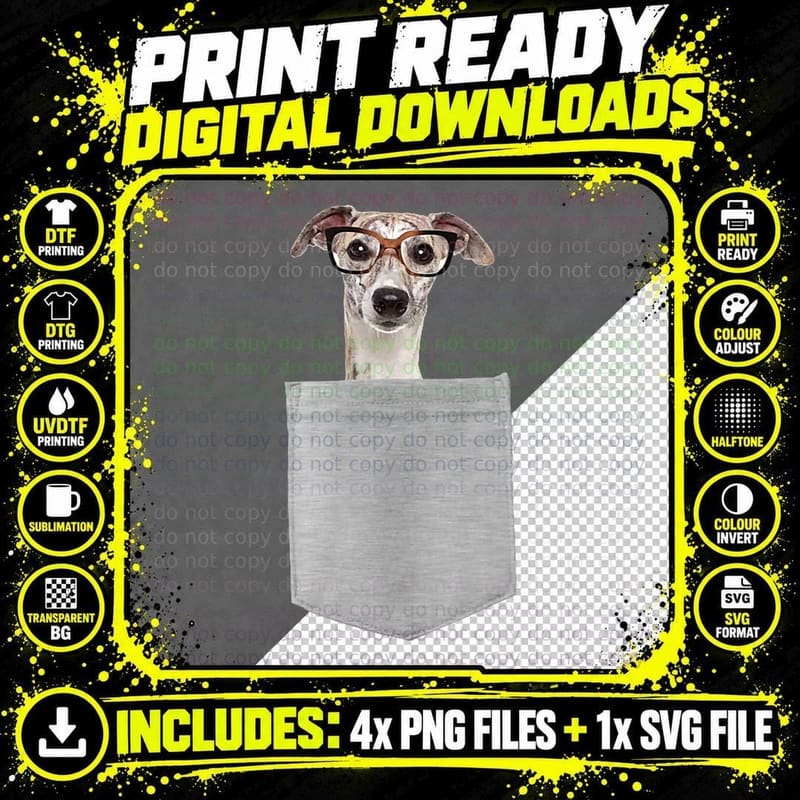 Dog in Your Pocket Greyhound with Glasses on Png SVG Digital Bundle