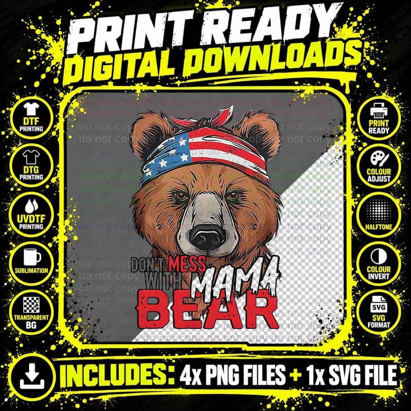 Don't Mess with Mama Bear Funny Mama Bear Messy Bun Png SVG Digital Bundle