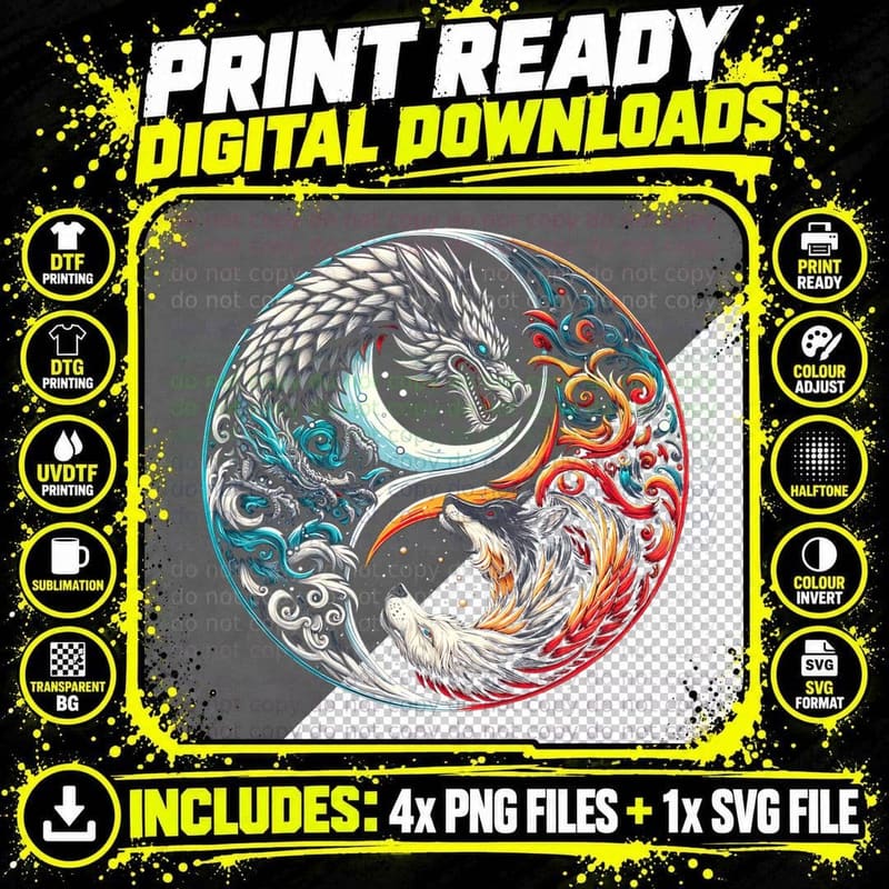 Dragon & Wolf Yin Yang Japanese Art Streetwear Graphic Png SVG Digital Bundle