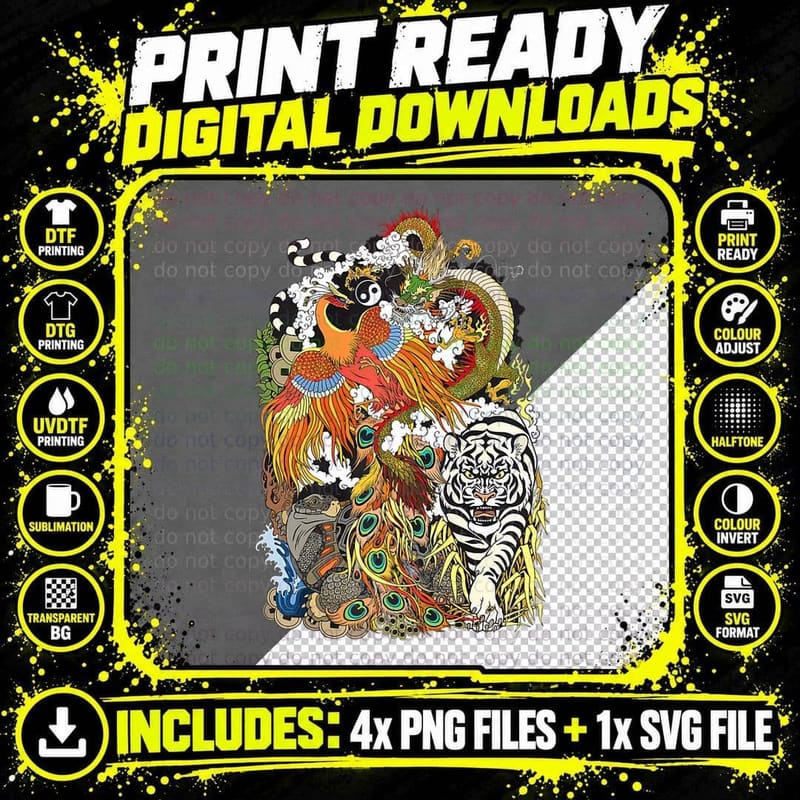 Dragon Phoenix Turtle Tiger Chinese Mythology T-Shirt Png SVG Digital Bundle