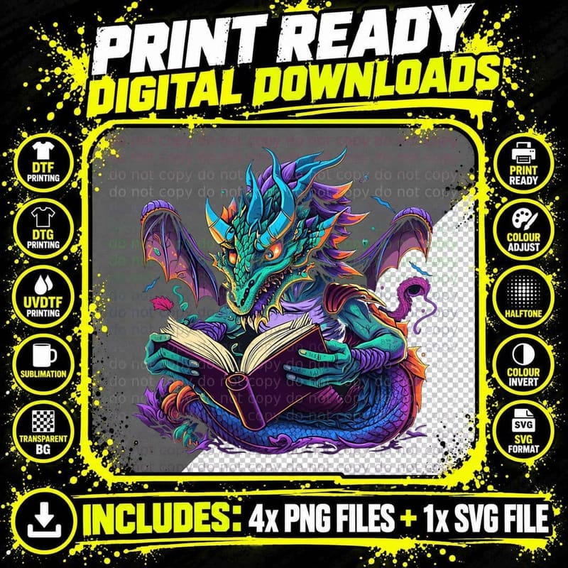 Dragon Reading Book, Fantasy Literature, Bookworm Gift Png SVG Digital Bundle