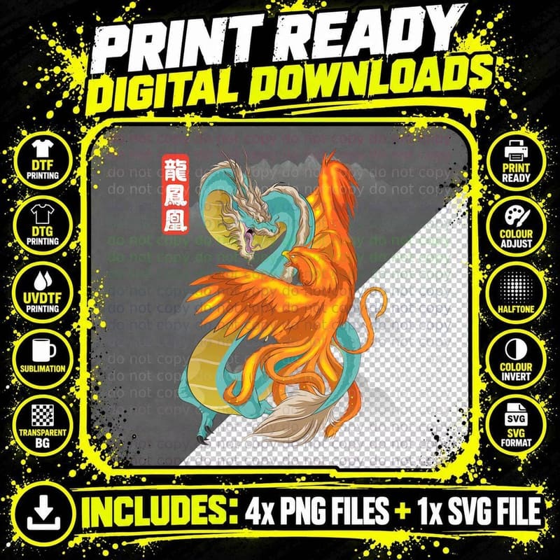 Dragon vs Phoenix Chinese Mythology Loong Fenghuang Png SVG Digital Bundle