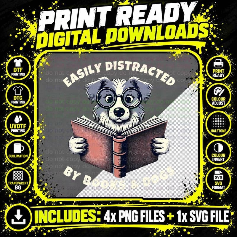 Easily Distracted by Books and Dogs Graphic Reading Png SVG Digital Bundle
