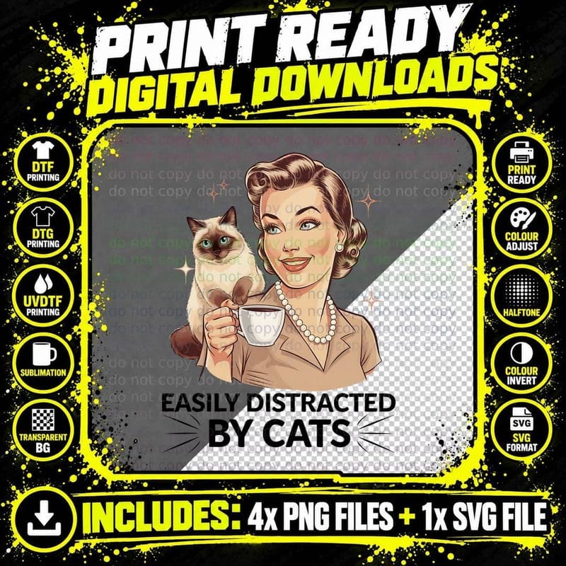 Easily Distracted by Cats Sarcastic Animal T-Shirt Png SVG Digital Bundle
