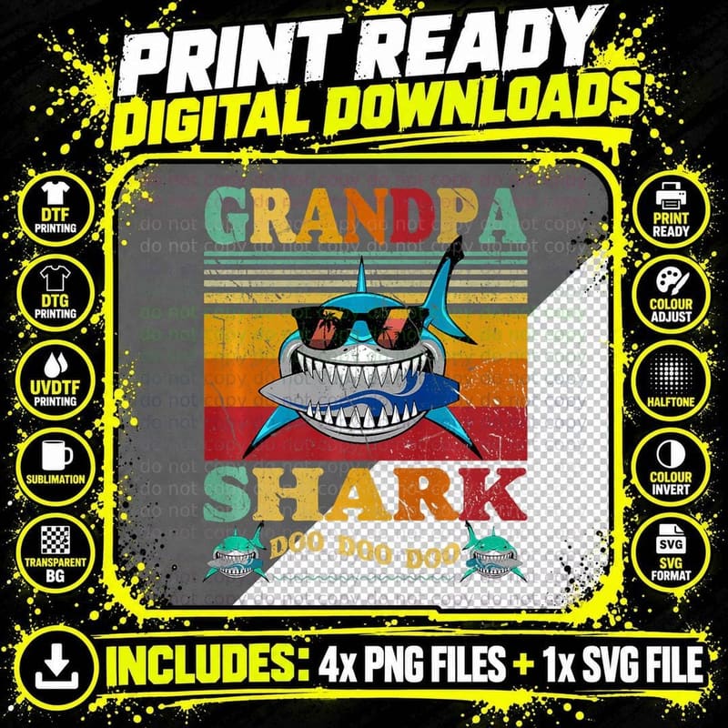 Family 365 Grandpa Shark Fathers Day Gift for Men Png SVG Digital Bundle