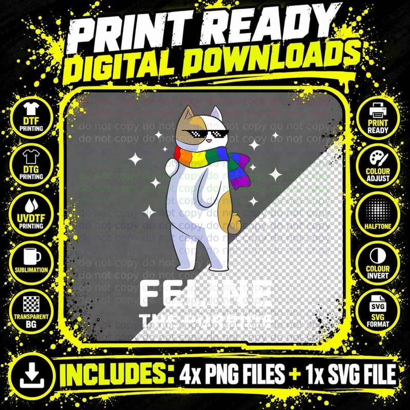 Feline the Purride LGBT Gay Pride Cat, LGBTQ+ Png SVG Digital Bundle