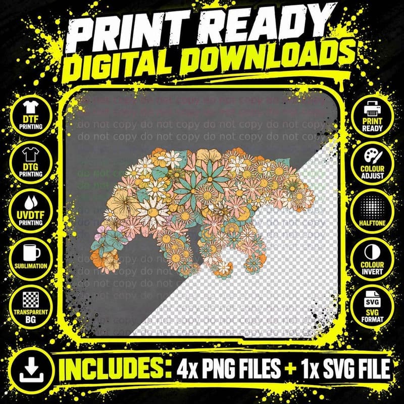 Floral Bear Silhouette Mothers Day T-Shirt Png SVG Digital Bundle