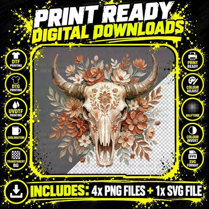 Floral Cow Skull Art Western T-Shirt Png SVG Digital Bundle