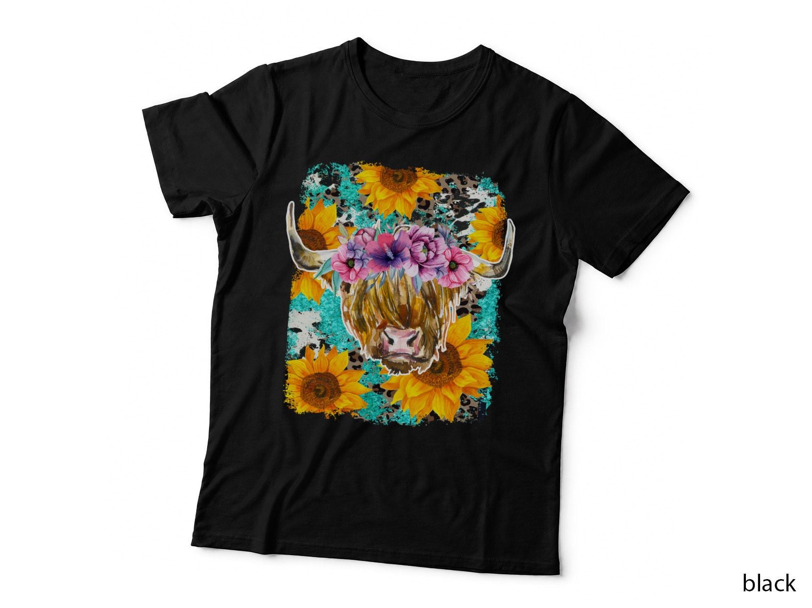 Floral Highland Cow with Sunflowers Highland Cow T-Shirt