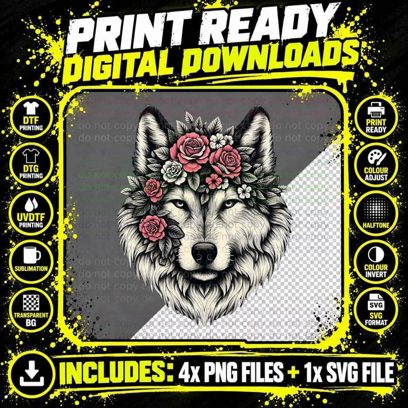 Floral Wolf Animal Cute Botanical Wolf Flowers Wolf Png SVG Digital Bundle