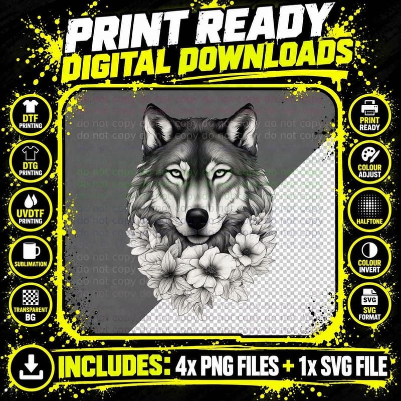 Floral Wolf Lover Flowers Wolf Face for Wolves Lover Png SVG Digital Bundle