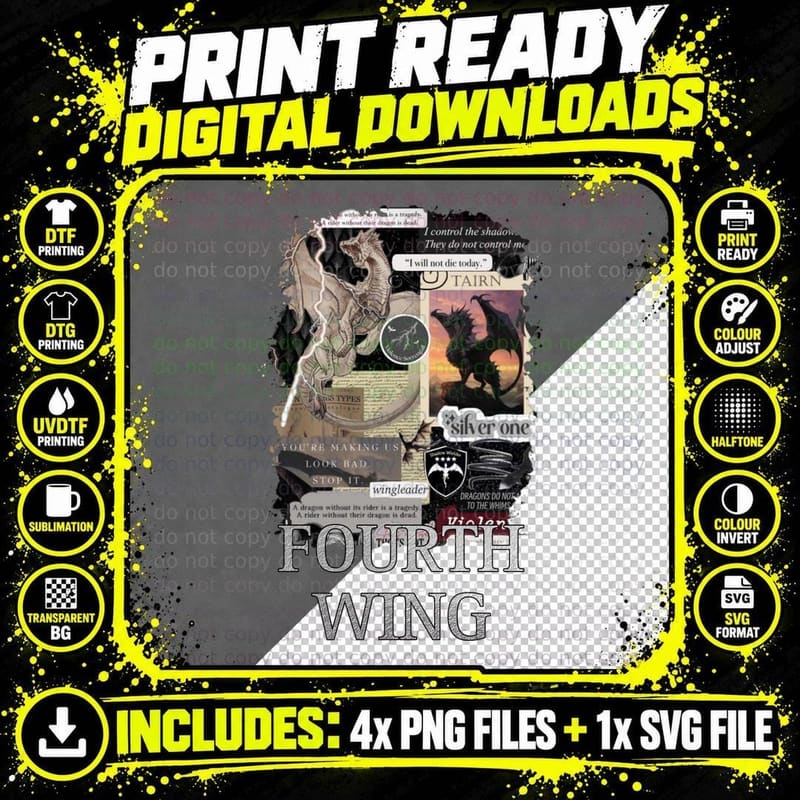 Fourth Wing Dragon T-Shirt, Fantasy Art Print Png SVG Digital Bundle