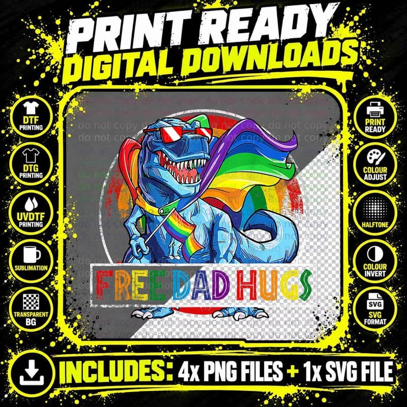 Free Dad Hugs Dinosaur Rex Daddy LGBT Pride Rainbow Png SVG Digital Bundle