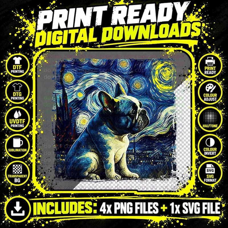 French Bulldog Starry Night Van Gogh Painting Art Png SVG Digital Bundle
